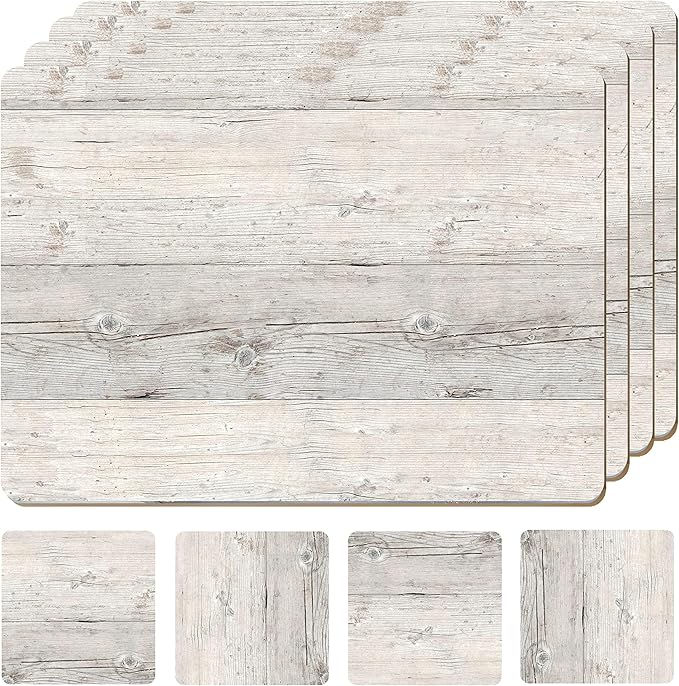 Moderry Set of 4 Heat Resistant Cork Placemats for Dining Table with Free Set of 4 Matching Drink Coasters Cork Wood Design Print 16 x 12 Inches Cork Backed Hard Placemats (White Driftwood)