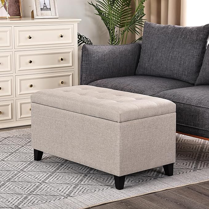 Asense Rectangular Lift Top Storage Ottoman Bench Footrest, Large Space (Linen-Beige)