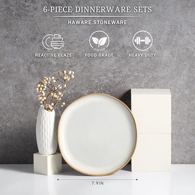 HaWare Stoneware Salad Plates Set of 6, 7.9??Heavy Duty Ceramic Plates, Reactive Glaze Dinnerware for Home Restaurant, Chip and Scratch Resistant, Microwave and Dishwasher Safe, Reactive Pearl White