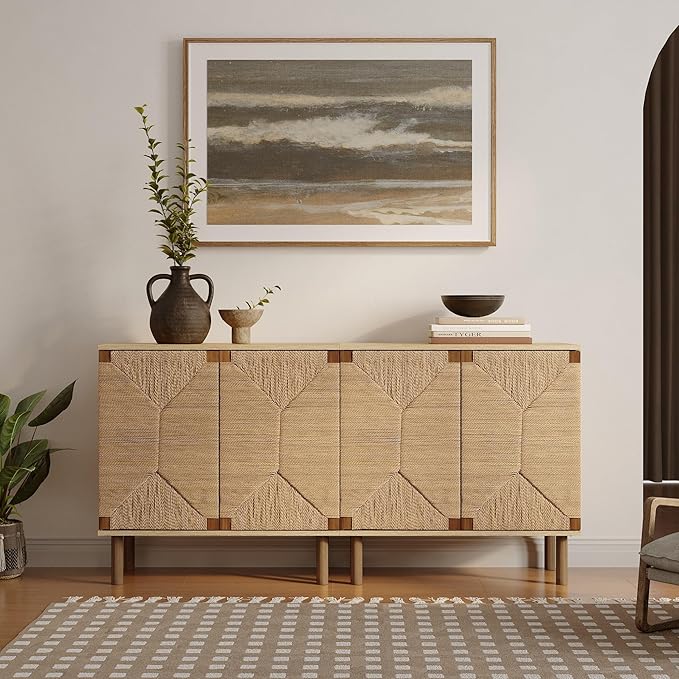 LuxenHome 31" Sideboard Buffet Cabinet with Storage, Seagrass Boho Accent Cabinet, Mid Century Modern Small Sideboard Storage Cabinets for Kitchen, Living Room, Entryway