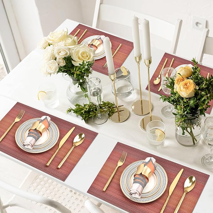 SLKQG Red Placemats Set of 4 - Easy Clean Washable Vinyl Placemats - Wipeable Heat Resistant Table Mats for Dining Table - 17.7x11.8 Inch (4, Red Gradient)