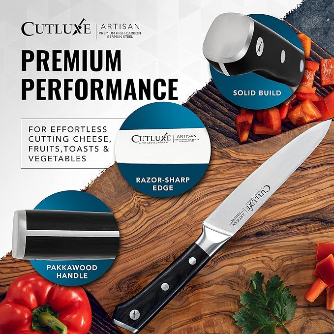 Cutluxe Kitchen Utility Knife, 5.5" Paring Kitchen Knife ??Razor Sharp Blade, High Carbon German Steel, Full Tang Ergonomic Handle Design ??Artisan Series