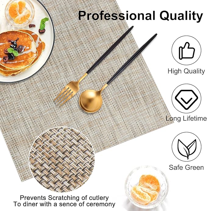 LANDVIEW Vinyl Placemats Set of 6, PVC Woven Washable Non-Slip Table Mats, Heat Resistant Wrinkle Free Place Mats for Dining Table, Easy to Clean (6, Caramel)