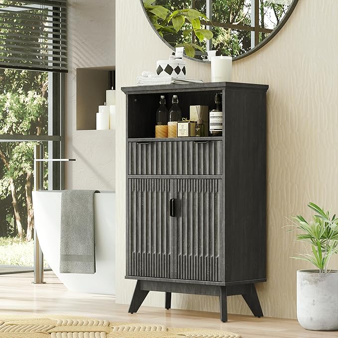 FLOWBACK Fluted Cabinet, 40'' High Coffee Bar with Drawer & Door, Small Decorative Cabinet Bathroom Storage with Open Shelf, Wood Kitchen Pantry Sideboard Buffet
