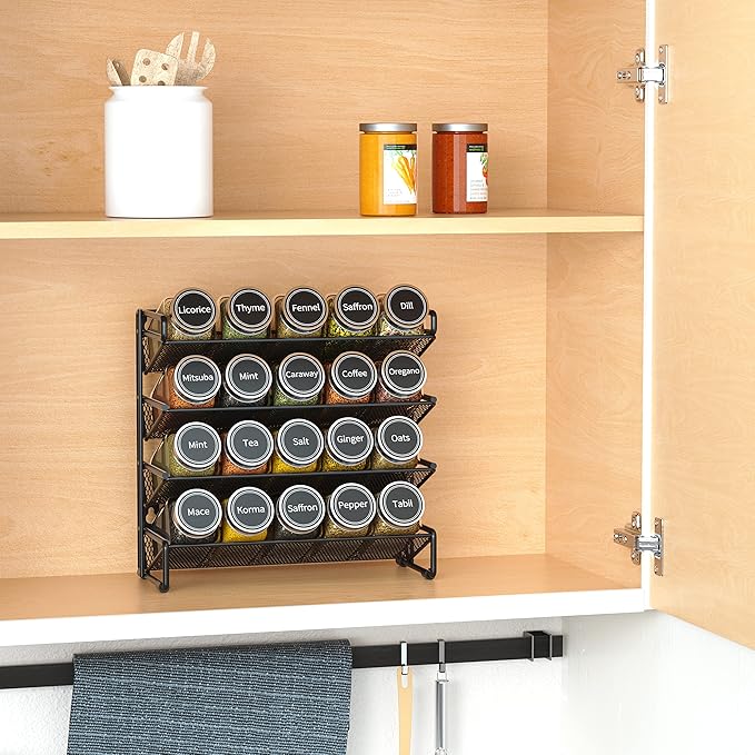 SpaceAid Spice Rack Organizer with 20 Spice Jars, 386 Spice Labels, Chalk Marker and Funnel Set for Cabinet, Countertop, Pantry, Cupboard or Door & Wall Mount - 20 Jars, 9.8" W 횞 10.8?쏦, Black