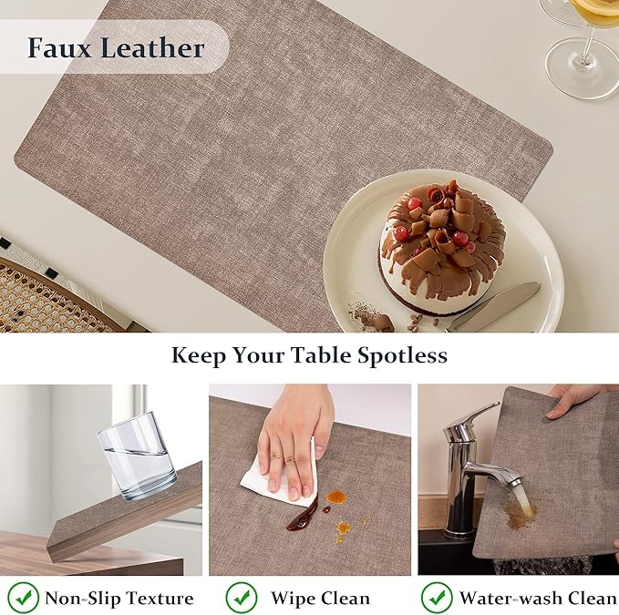 FROMHEART Faux Leather Placemats Set of 8?밯aterproof,Heat/Oil Stain-Resistant PU Table Mat?밨eversible,Non-Slip,Easy to Clean Place Mats for Kitchen,Dining,Indoor/Outdoor,(Dark Coffee,11.8" x 17")
