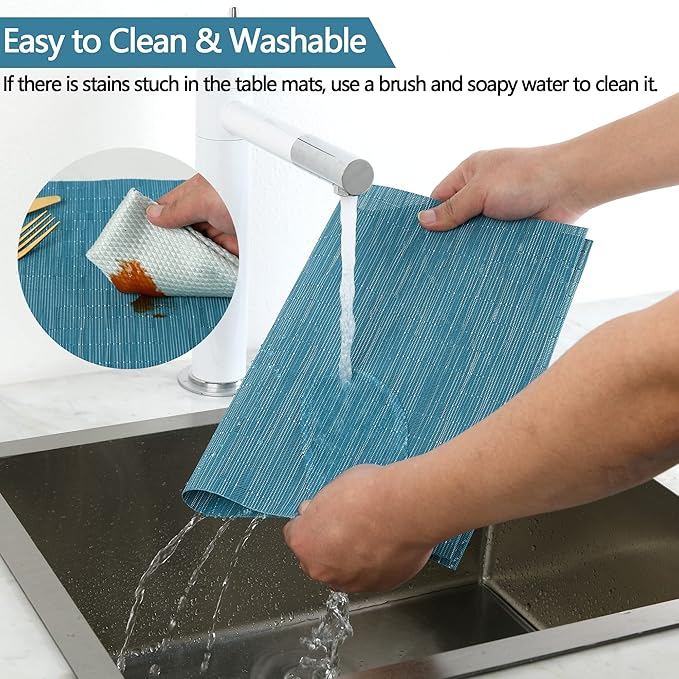 SLKQG Vinyl Placemats Set of 8 - Washable Easy Clean Place Mats - Heat Resistant PVC Table Placemats - Table Mats for Dining Table 17x12 Inch (Sky Blue Turquoise, 8)