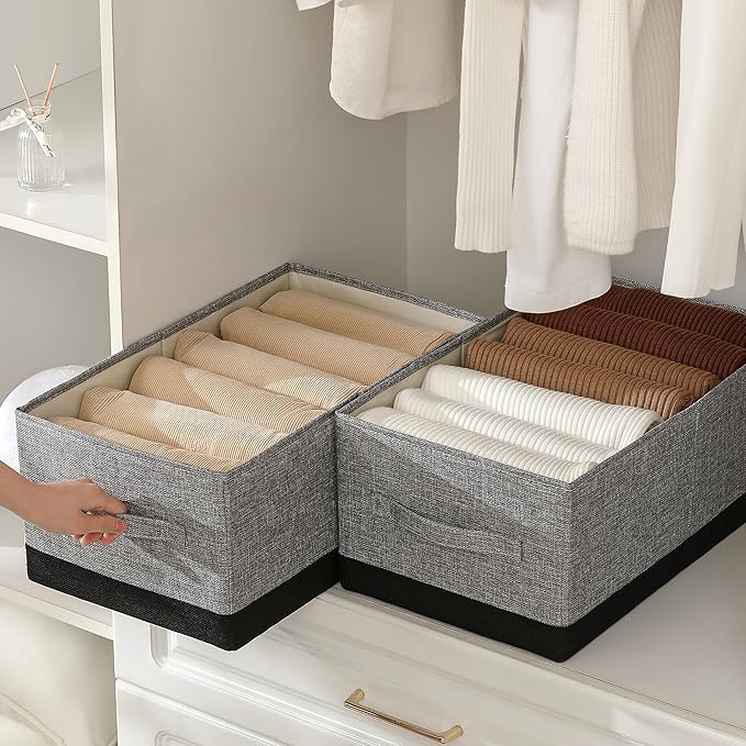 Linen Folding Storage Bins, 3 Pack Large Storage Baskets, Washable, Clothing Storage Bins with Handle, Closet Organizer for Storage Sweater,Sheets (gray black, 18쩍"x11"x8쩍")