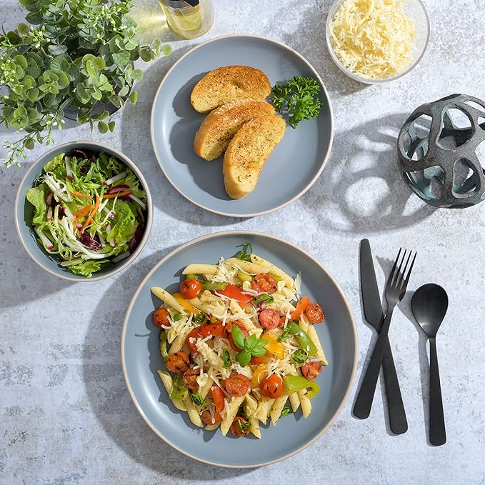 Gibson Home Rockaway 12-Piece Round Stoneware Dinnerware Set, Service for 4 ??Blue Plates and Bowls, Microwave & Dishwasher Safe