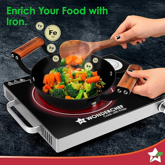 Wonderchef Pre-Seasoned Ferro Light Kadhai 2.3L Acacia Wooden Handles Gravity Moulding Technology No Chemical Coating 10 Year 24 cm Black