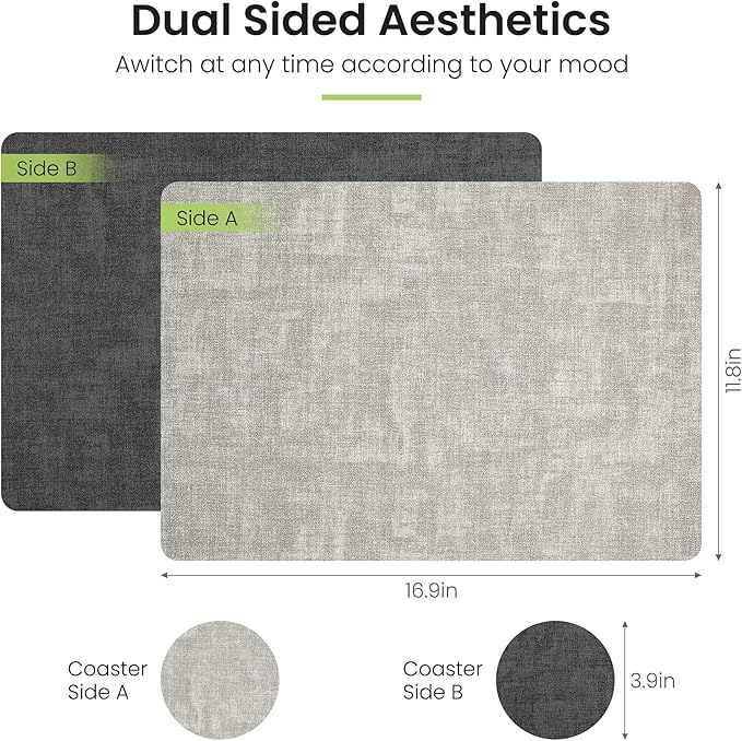 Fyvva Placemats Set of 4, Faux Leather Heat Resistant Wipeable Placemats, Dual Sided Waterproof Washable Table Mats with Coaster, Suitable for Kitchen, Dining, Table Decor (4, Black Light Gray)