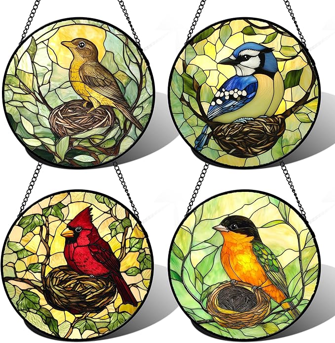 Stained Glass Window Hanging 4 Pcs Set Bird Theme On Branch 9.8" - Cardinal Suncatcher Door Garden Sun Catcher Decor Birthday Christmas for Mom Woman Nana Men
