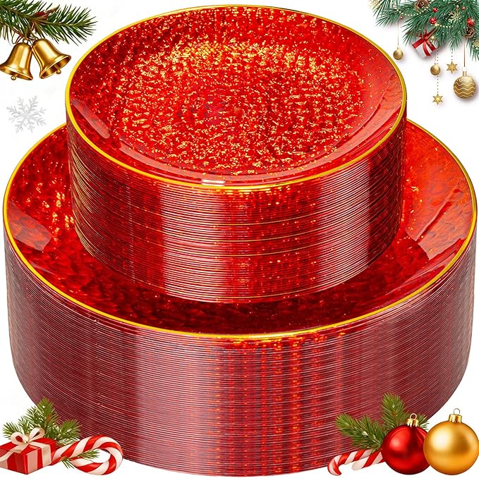 Rubtlamp 60 Pcs Red Plasitc Plates, Gold Red Disposable Plates, Fancy Party Plates, Hammered Plastic plates Include 30 Dessert Platos, 30 Dinner Platos for Party