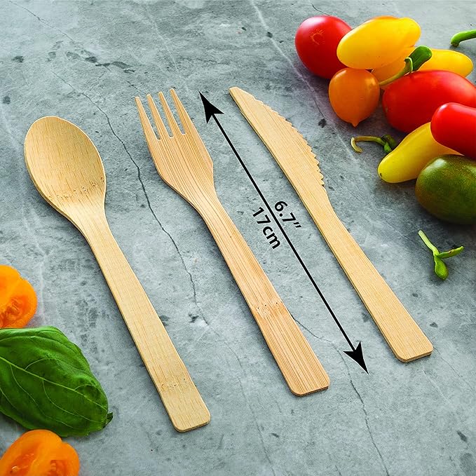 2ZEBRAZ Bamboo Cutlery Set ??100 Disposable Knives | Reusable Smooth Flatware, Heavy-Duty Natural Utensils for Dining and Entertaining