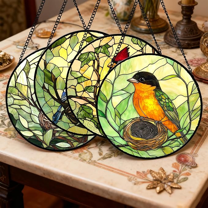 Stained Glass Window Hanging 4 Pcs Set Bird Theme On Branch 7.8" - Cardinal Suncatcher Door Garden Sun Catcher Decor Birthday Christmas for Mom Woman Nana Men