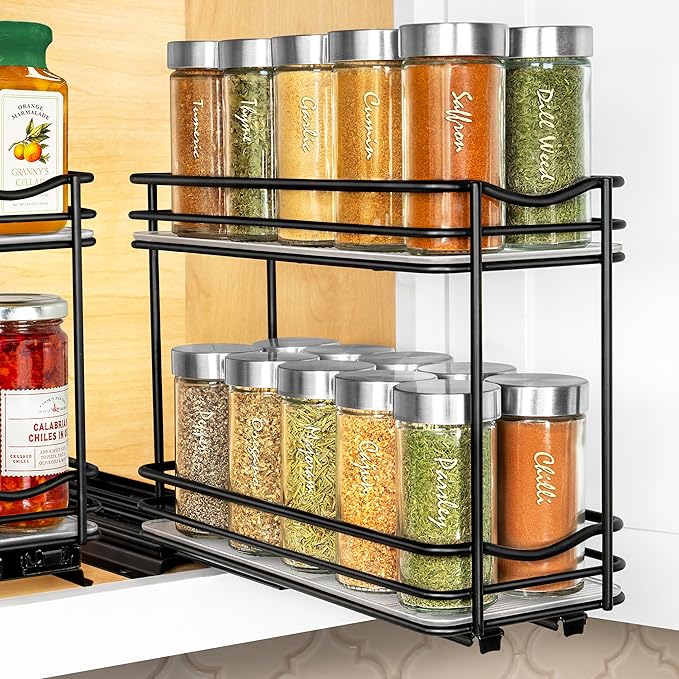 LYNK PROFESSIONAL짰 Pull Out Spice Rack Organizer for Inside Kitchen Cabinets - 4-3/8 inch Wide - Slide Out Drawer ??Black Sliding Spice Cabinet Organization Shelf Racks - 2 Tier