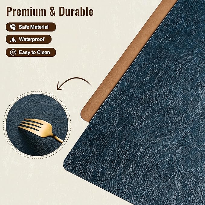 DOLOPL Placemats Set of 6 Reversible Dual-Color Table Placemats ??Heat Resistant Wipeable & Washable Place Mats, Luxury Faux Leather Table Mats for Vintage Dining Table Decor (Camel & Navy Blue)