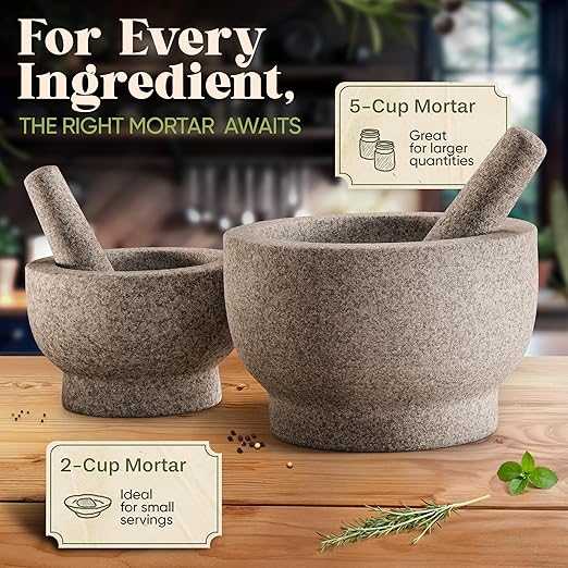 ChefSofi Extra Large 8 Inch 5 Cup-Capacity Mortar and Pestle Set - Black Polished Exterior - One Huge Mortar and Two Pestels: 8.5 inch and 6.5 inch