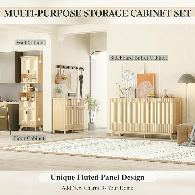 FLOWBACK Fluted Buffet Cabinet with Storage,34" Tall Kitchen Sideboard Cabinet Modern Credenza with Fluted Doors & Shelves Farmhouse Coffee Bar Media Console Accent Cabinets for Living Room, Entryway