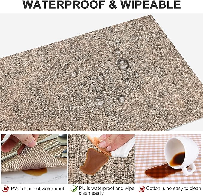 LANDVIEW Leather Heat Resistant Placemats Set of 6 Waterproof Wipeable Washable PU Table Mats,Easy to Clean Anti-Slip Place Mats (Dark Brown, 6)