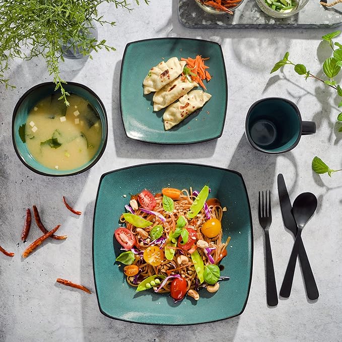 Gibson Elite Soho Lounge 16-Piece Reactive Glaze Dinnerware Set ??Teal and Black Tutone Stoneware Plates and Bowls