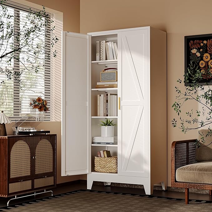 71" H Metal Storage Cabinet,White Pantry Cabinets with Doors and Shelves,Tall Food Kitchen Cabinets,Farmhouse Kitchen Cabinet,Freestanding Cabinet