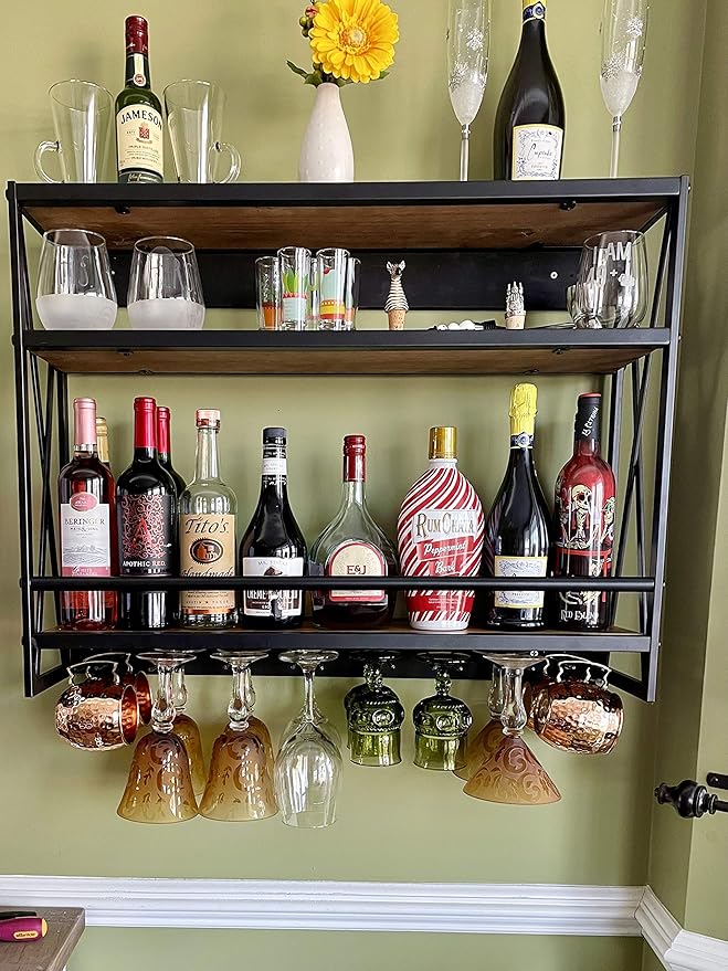 SSS Furniture Industrial Wine Rack Wall Mounted with 8 Stem Wine Glass Holder, 31.5in Hanging Wall Wine Rack Floating Bar Shelves, 3-Tier Wood Shelves Wine Shelf Home D챕cor Display Rack