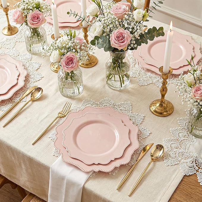COLOSUS Disposable Pink Party Plastic Plates Set, 60 Pack (30 Guest) Dinner & Salad/Dessert Plate for Spring Wedding Birthday Party Dinner,Easter Day party plates