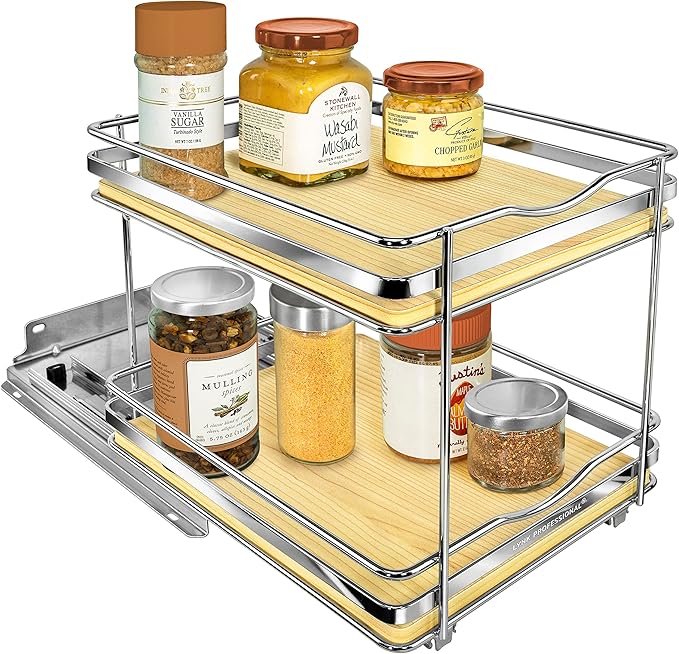 LYNK PROFESSIONAL짰 횋lite??Pull Out Spice Rack Organizer for Inside Kitchen Cabinets - 8-3/8 inch Wide - Slide Out Drawer ??Wood/Chrome Sliding Spice Cabinet Organization Shelf Racks - 2 Tier