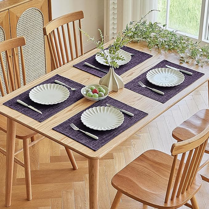 Softalker Faux Linen Placemats Set of 4-12 x 18 Inch, Heat Resistant Double Layered Durable Burlap Farmhouse Place Mats, Non-Slip Washable Rustic Table Mats for Dining, Kitchen, Party竊늁urple