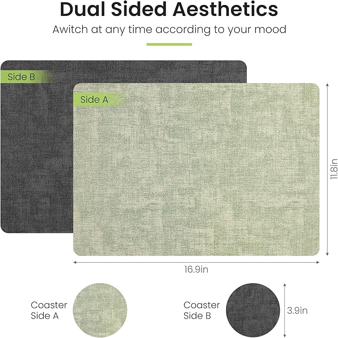 Fyvva Placemats Set of 4, Faux Leather Heat Resistant Wipeable Placemats, Dual Sided Waterproof Washable Table Mats with Coaster, Suitable for Kitchen, Dining, Table Decor (4, Black Light Green)