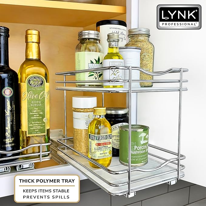 LYNK PROFESSIONAL짰 Pull Out Spice Rack Organizer for Inside Kitchen Cabinets - 6-3/8 inch Wide - Slide Out Drawer ??Chrome Sliding Spice Cabinet Organization Shelf Racks - 2 Tier