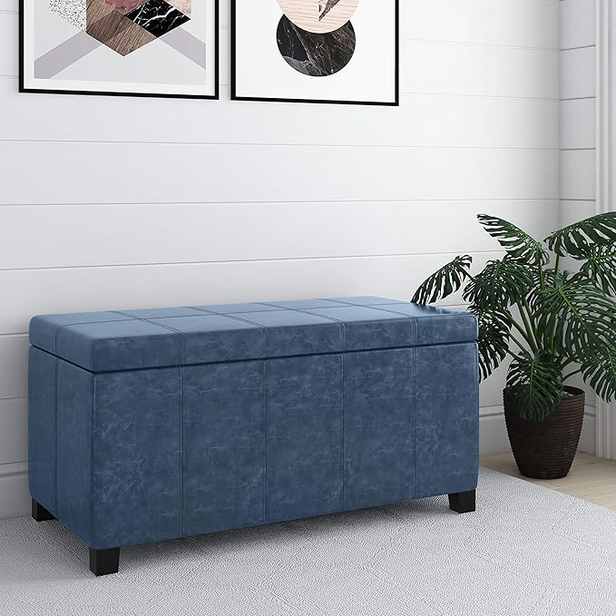 SIMPLIHOME Dover Storage Ottoman Bench - 36 inch Wide Upholstered Vegan Leather Rectangular Lift-Top Ottoman in Denim Blue, Contemporary Bench for Living Room with Safety Hinges