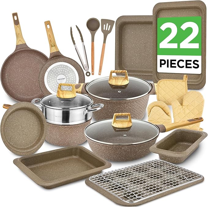 Nutrichef 22-Piece Marble Non-Stick Cookware and Bakeware Set - Professional Home Kitchen Collection with Multi-Sized Pots, Pans, and Heat-Resistant Tools