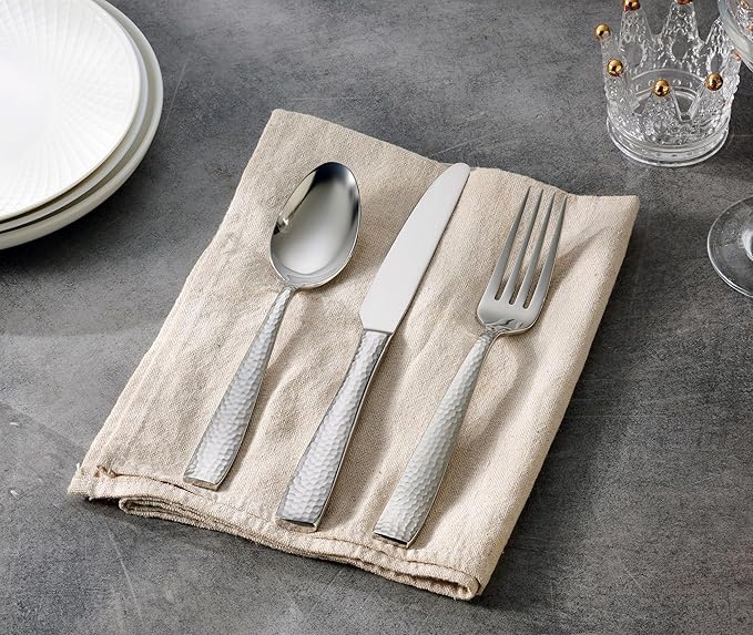 Hudson Essentials 60-Piece Hammered 18/10 Stainless Steel Silverware Cutlery Set, Flatware Service for 12