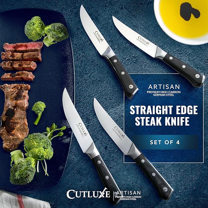 Cutluxe Steak Knives Set of 4, Straight Edge Steak Knife Set ??Forged High Carbon German Steel, Full Tang, Ergonomic Handle Design ??Artisan Series