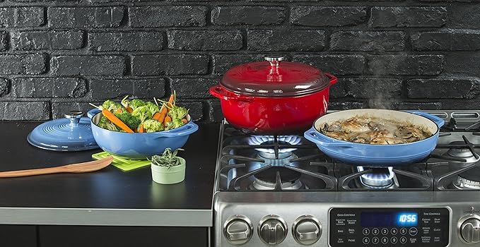 Lodge 3 Quart Enameled Cast Iron Dutch Oven with Lid ??Dual Handles ??Oven Safe up to 500째 F or on Stovetop - Use to Marinate, Cook, Bake, Refrigerate and Serve ??Island Spice Red