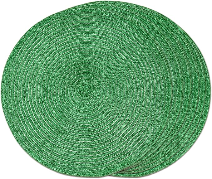 FunWheat Round Braided Placemats Set of 6 Table Mats for Dining Tables Woven Washable Non-Slip Place mats (Green Shining, 6pcs)