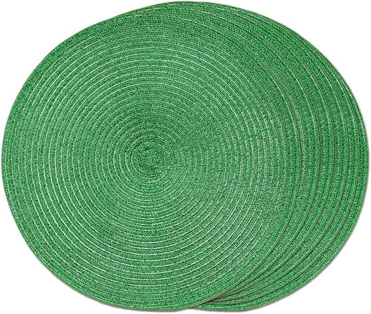 FunWheat Round Braided Placemats Set of 6 Table Mats for Dining Tables Woven Washable Non-Slip Place mats (Green Shining, 6pcs)