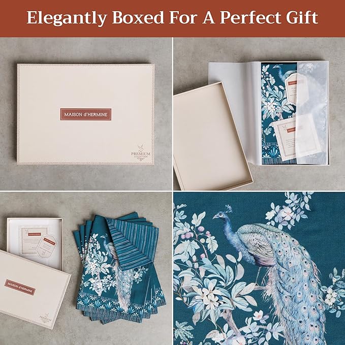 Maison d' Hermine Place Mats 100% Combed Cotton Premium (13 Inch x 19 Inch) Cloth Place Mat Washable Dinner Placemat, Dinner & Dining, Peacock Utopia - Deep Sea (Set of 4)
