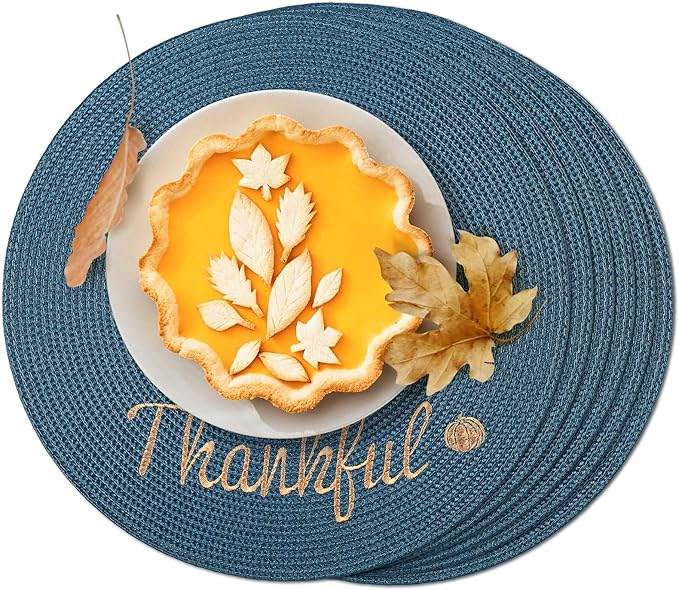 FunWheat Round Placemats Set of 6 Table Mats for Thanksgiving Tables Washable Non-Slip Place mats 15 Inch for Fall(Thankful,6pcs)
