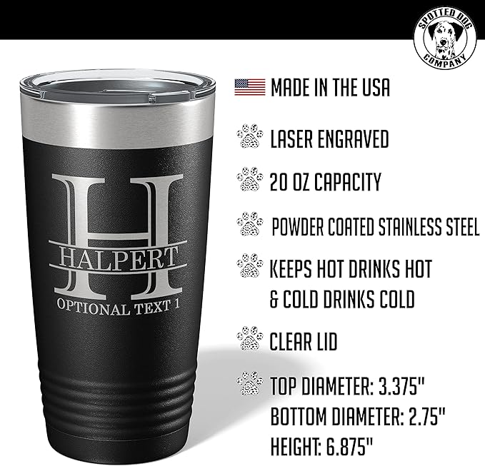 Personalized 20oz (17 Colors) Powder Coated Insulated Stainless Steel Tumbler with Lid, Custom Etched, Customized Engraved Gift Idea for Women Men Her Him, Halpert Monogram Initial Name (Black)