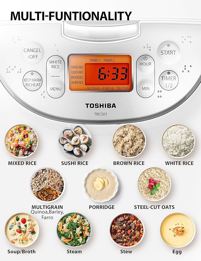 Toshiba Rice Cooker 6 Cup Uncooked ??Japanese Rice Cooker with Fuzzy Logic Technology, 7 Cooking Functions, Digital Display, 2 Delay Timers and Auto Keep Warm, Non-Stick Inner Pot, White