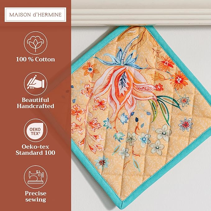 Maison d' Hermine Pot Holders Set 100% Cotton Heat Resistant Potholders 8" x 8" Hot Pads with Loop BBQ, Cooking, Grilling, Kitchen, Handling Hot Pans Spring/Summer (Pack of 2, Luxury Loft ??Peach)