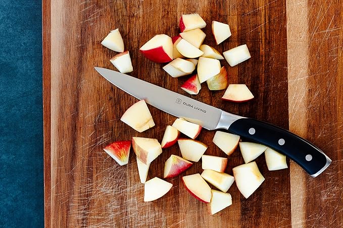 DURA LIVING 3-Piece Kitchen Knife Set ??Ultra-Sharp German Stainless Steel, 8??Chef, 5??Utility, and 3.5??Paring Knives with Ergonomic Handles, Multipurpose Kitchen Knife Set, Black
