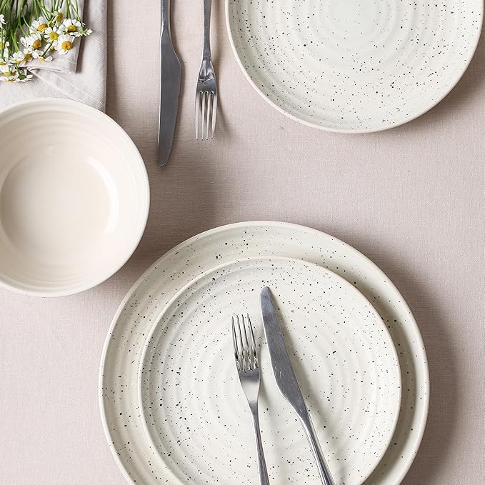 Stone Lain Dua 12-Piece Dinnerware - Stoneware, Plate and Bowls, Dishwasher and Microwave Safe, Dish Set for 4, White