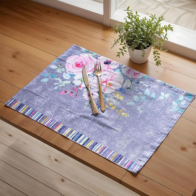 Maison d' Hermine Placemats Set of 4 100% Cotton Washable Cloth Place Mats, Reusable Table Mats for Kitchen Dining Decoration, Party, Restaurant Spring/Summer (Sweet Rose Lavender - Lush, 13" x 19")