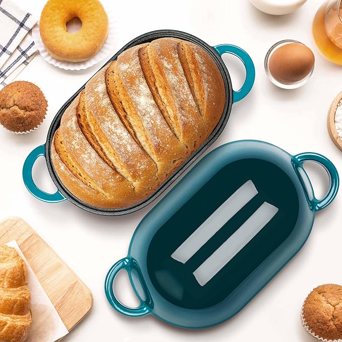 Homikit Enameled Cast Iron Dutch Oven for Bread Baking, 2.8 QT Oval Bread Oven Pot with Lid, Sourdough Loaf Iron Dutch Oven Pan for Roasting Cooking, Dark Green & Heavy Duty
