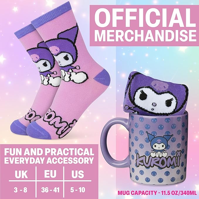 Get Trend Kuromi Sanrio Coffee Mug, Socks Set, 11.5 oz Ceramic Cup with Crew Socks, Kawaii Drinkware Christmas, Secret Santa Gifts for Women (Purple Kuromi)