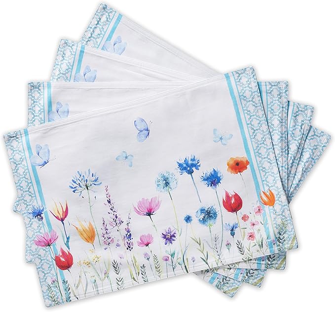 Maison d' Hermine Placemats Set of 4 100% Cotton Washable Cloth Place Mats, Reusable Table Mats for Kitchen Dining Decoration, Party, Restaurant Spring/Summer (Happy Florals - High Summer, 13" x 19")